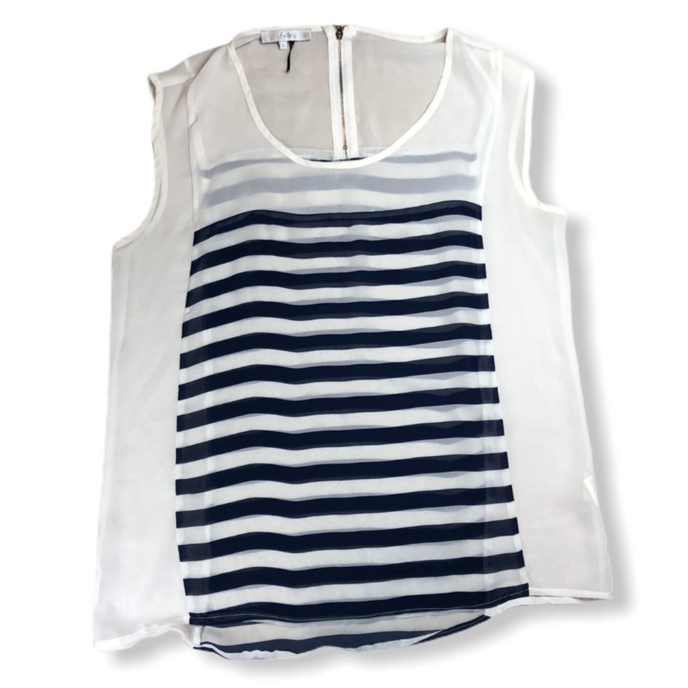 Sheer Navy and White Striped Blouse Sleeveless